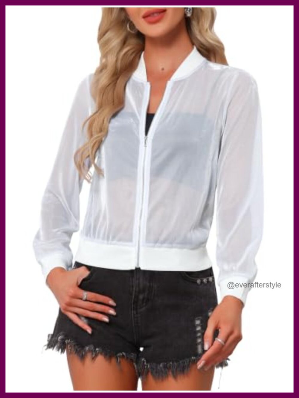 Women Shiny Glitter Mesh Sheer Long Sleeve Zip Up Party Jacket